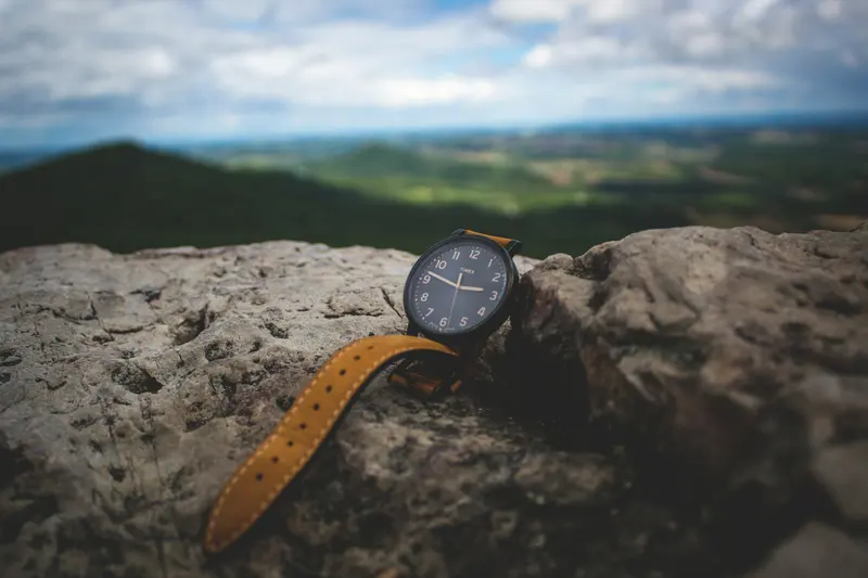 A wristwatch resting on a stone surface
