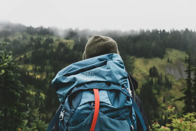 A traveler wearing a teal backpack looking toward mountains