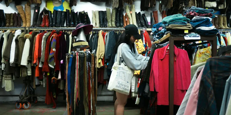Woman browsing clothes on racks in a thrift store